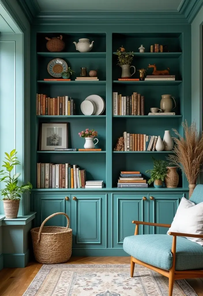 29 Teal Living Room Decor Ideas That Feel Calm and Inviting - 12. Teal Bookshelves