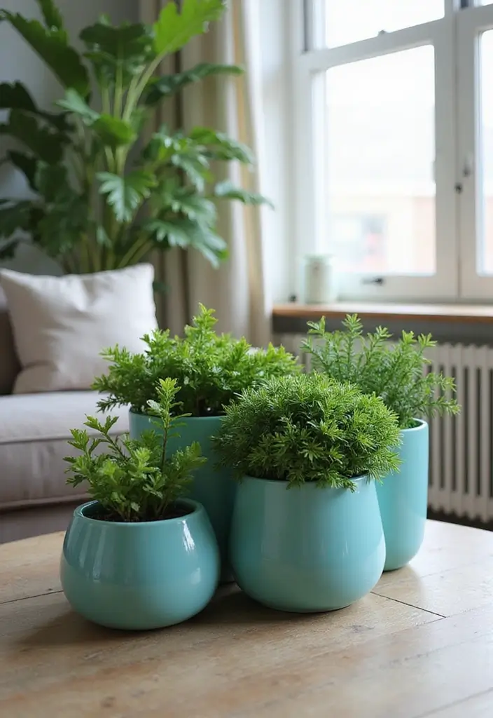 29 Teal Living Room Decor Ideas That Feel Calm and Inviting - 16. Teal Plants and Planters