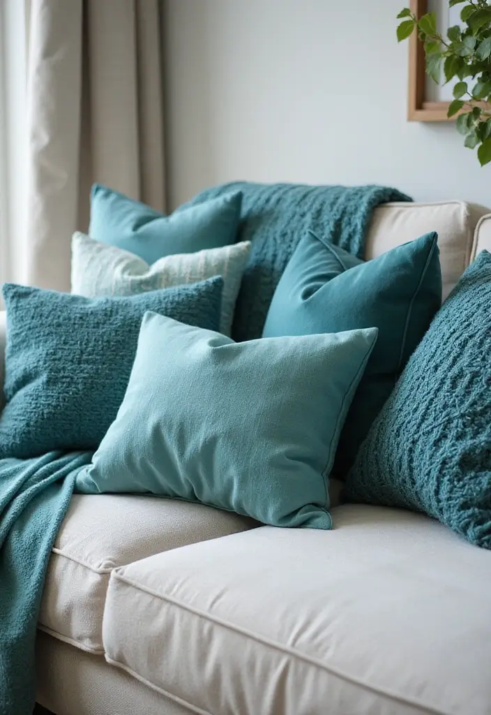 29 Teal Living Room Decor Ideas That Feel Calm and Inviting - 2. Teal Throw Pillows