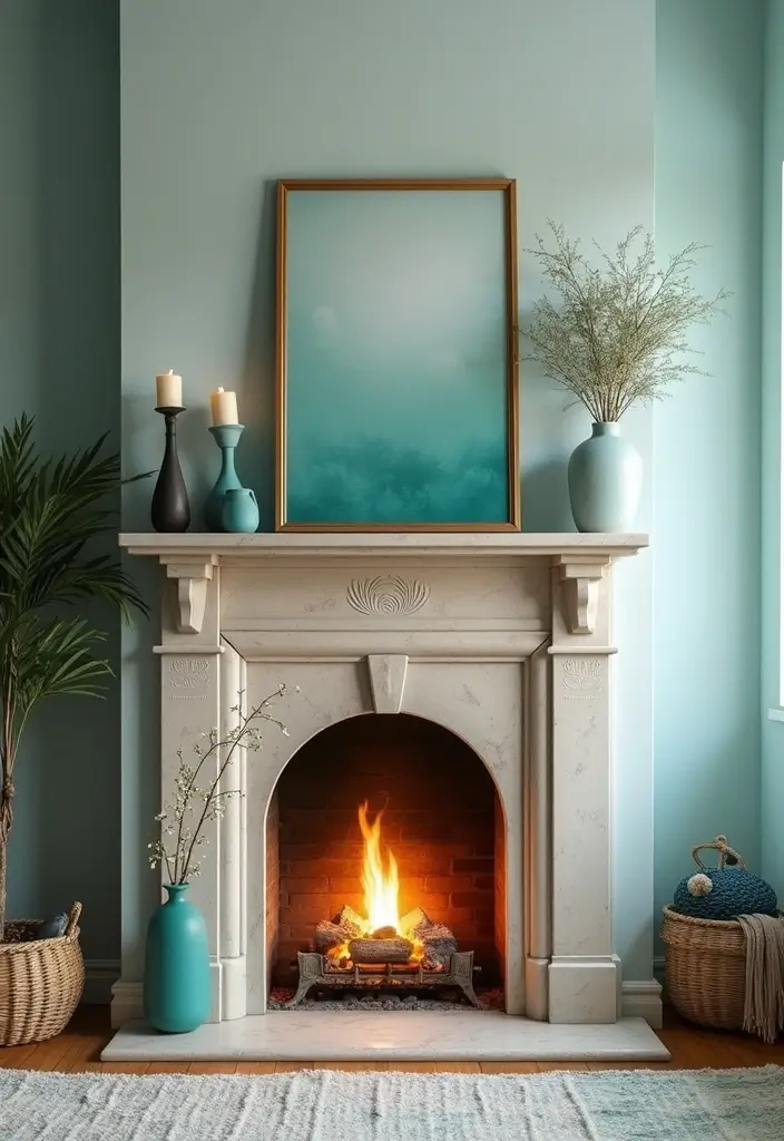 29 Teal Living Room Decor Ideas That Feel Calm and Inviting - 20. Teal Fireplace Accents