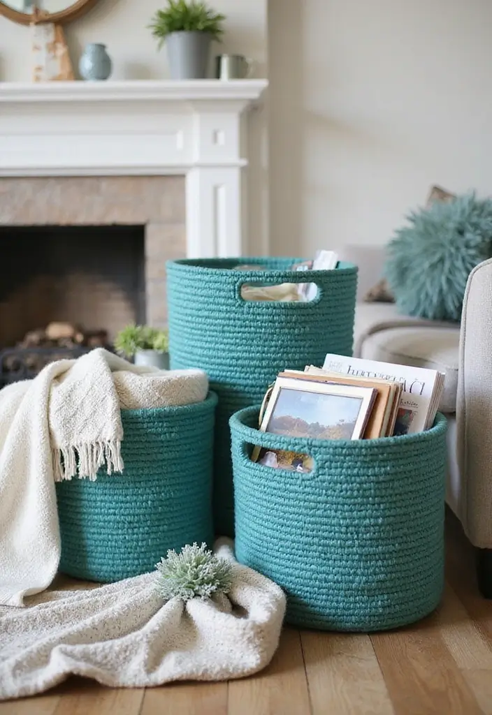29 Teal Living Room Decor Ideas That Feel Calm and Inviting - 21. Teal Decorative Baskets