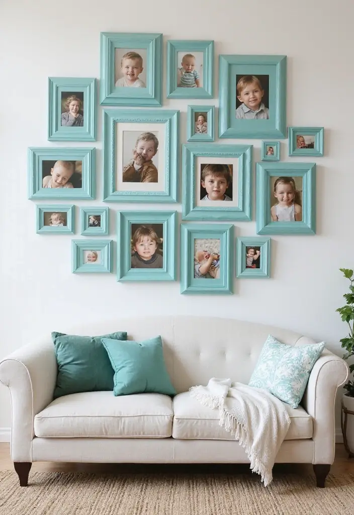 29 Teal Living Room Decor Ideas That Feel Calm and Inviting - 22. Teal Picture Frames