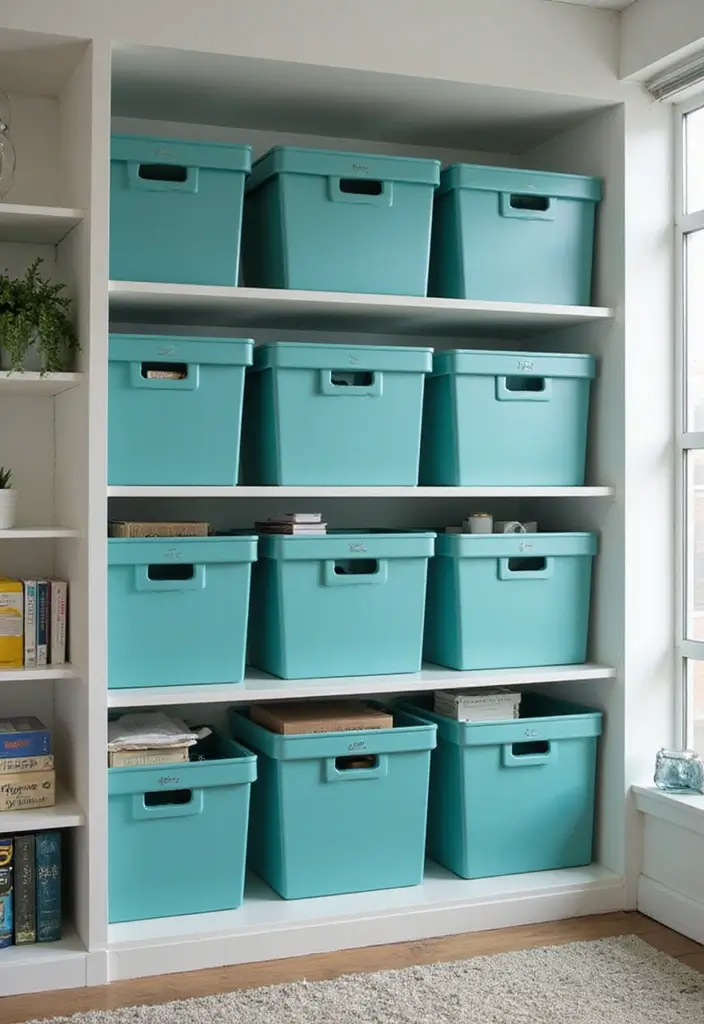 29 Teal Living Room Decor Ideas That Feel Calm and Inviting - 24. Teal Storage Solutions