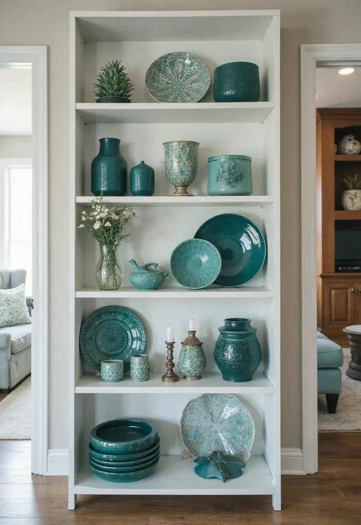 29 Teal Living Room Decor Ideas That Feel Calm and Inviting - 28. Teal Handcrafted Decor