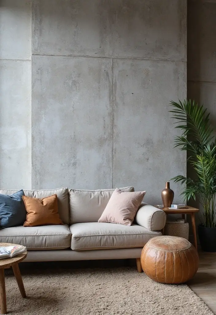 29 Textured Accent Walls in Living Room Ideas That Add Depth and Warmth - 11. Concrete Wall Finish