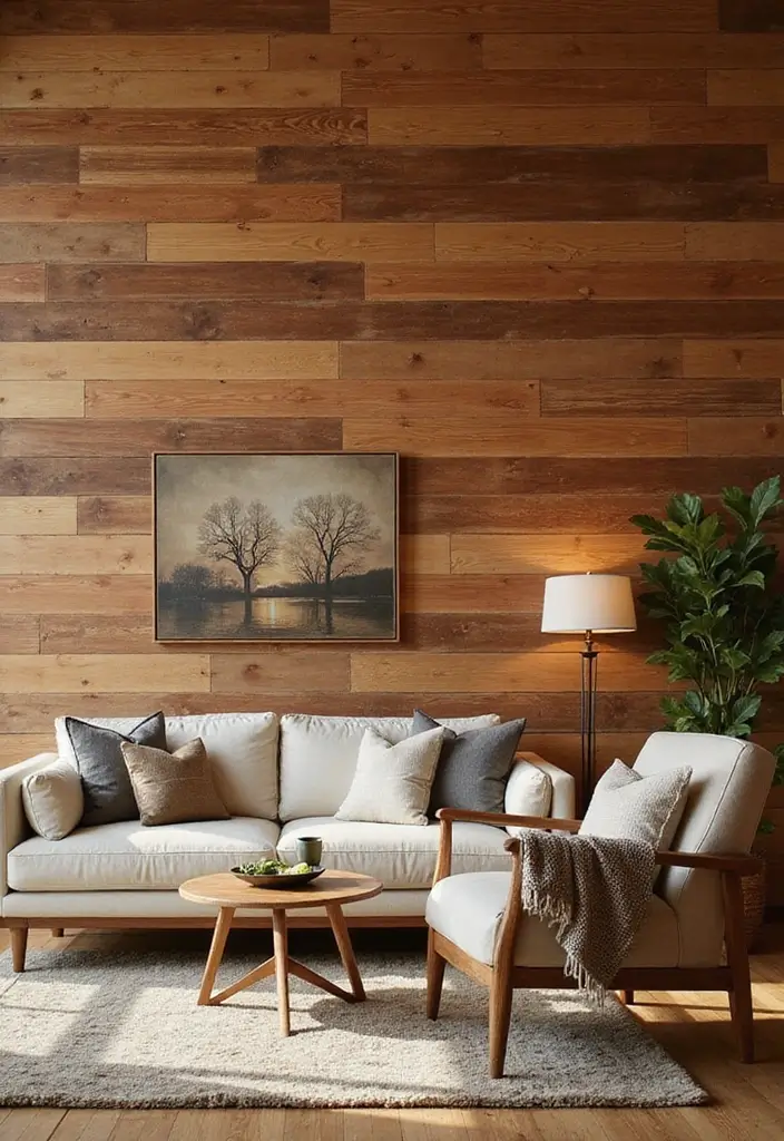 29 Textured Accent Walls in Living Room Ideas That Add Depth and Warmth - 18. Stained Wood Accent Wall