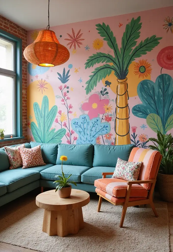 29 Textured Accent Walls in Living Room Ideas That Add Depth and Warmth - 23. Whimsical Painted Murals