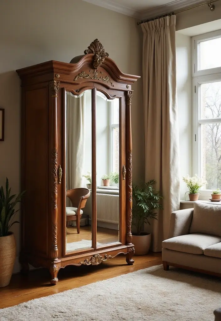 29 Wall Mirror Ideas Living Room Decor That Brighten Any Space - 16. Vintage Mirrored Wardrobes