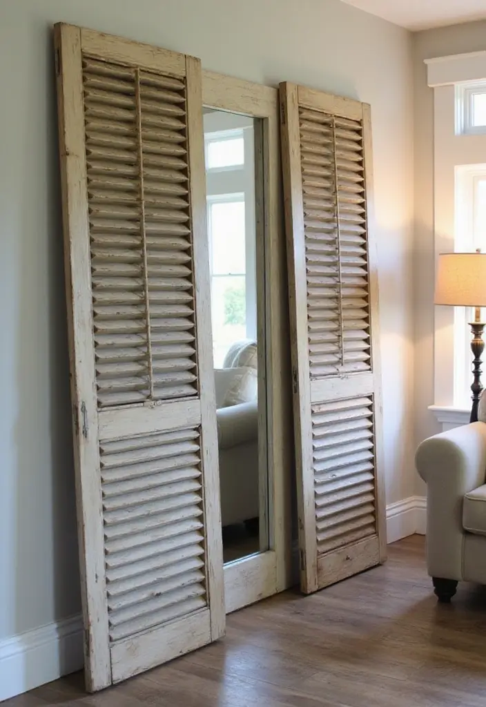 29 Wall Mirror Ideas Living Room Decor That Brighten Any Space - 17. Vintage Shutters with Mirrors