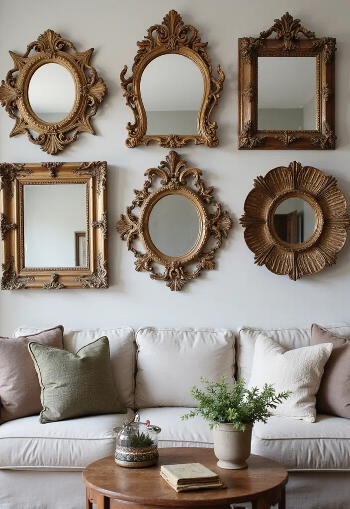 29 Wall Mirror Ideas Living Room Decor That Brighten Any Space - 18. Vintage Style Mirror Frames