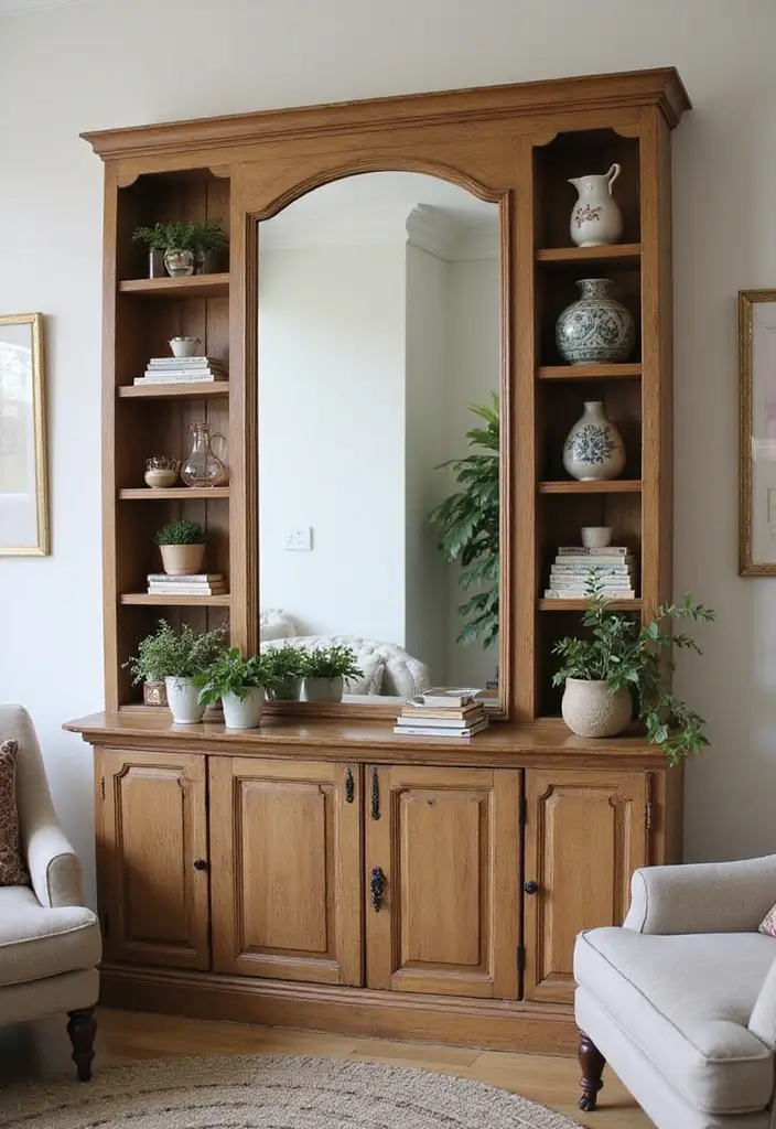 29 Wall Mirror Ideas Living Room Decor That Brighten Any Space - 19. Vintage Mirrors with Shelves