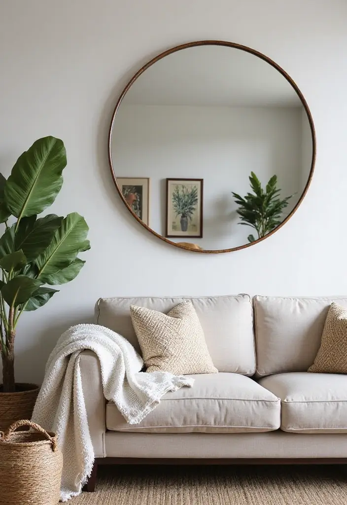 29 Wall Mirror Ideas Living Room Decor That Brighten Any Space - 2. Round Mirrors with Metal Frames