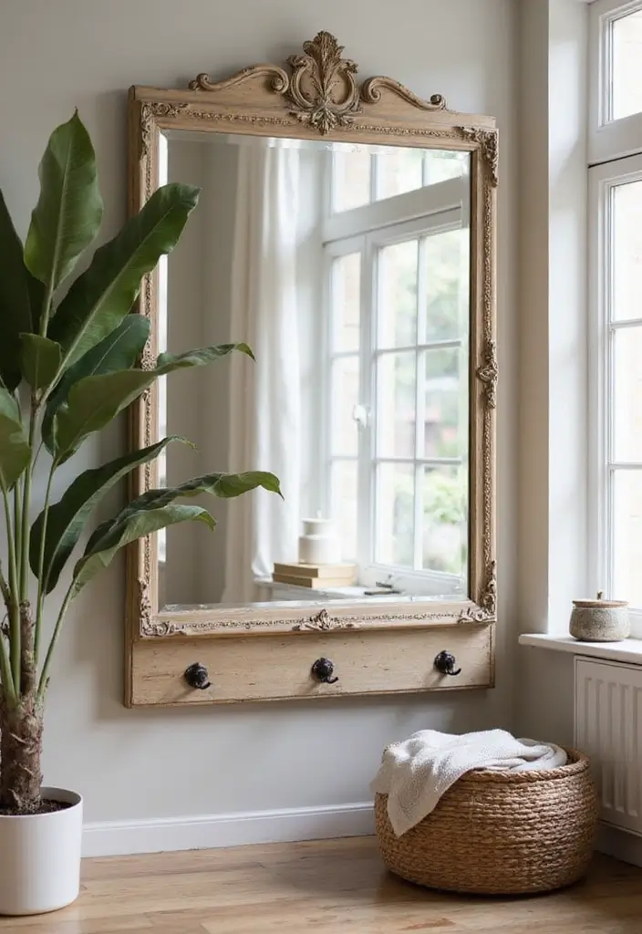 29 Wall Mirror Ideas Living Room Decor That Brighten Any Space - 28. Vintage Frame Mirrors with Hooks