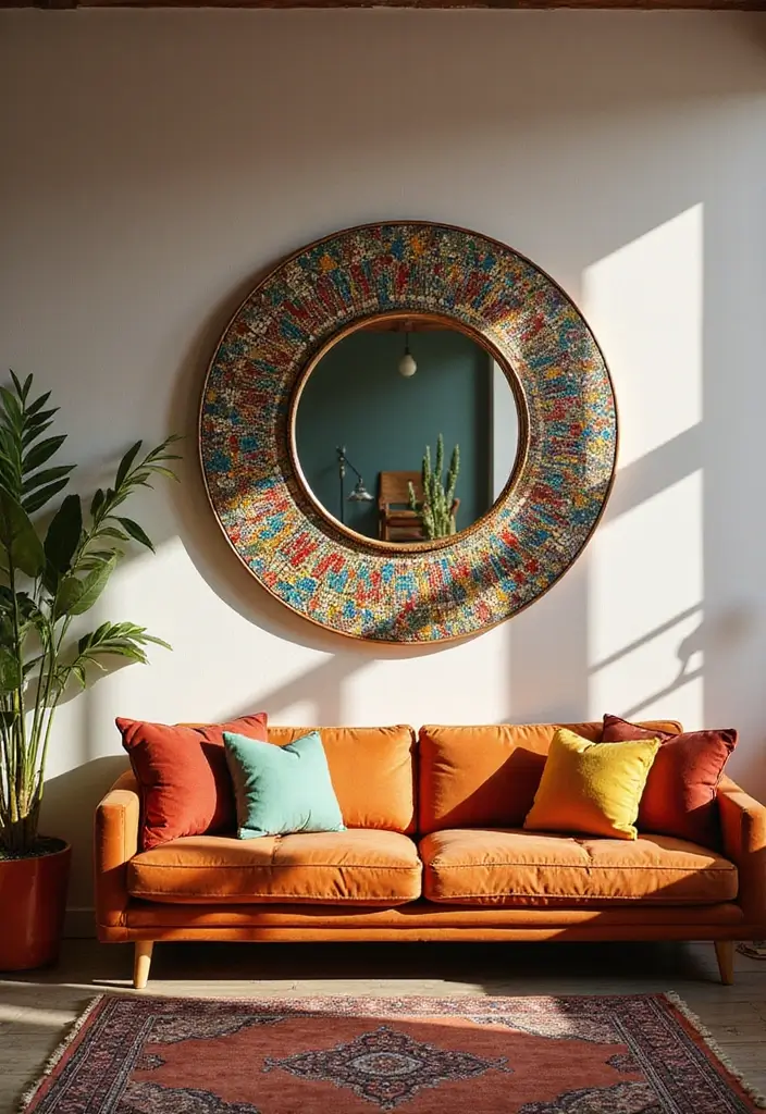 29 Wall Mirror Ideas Living Room Decor That Brighten Any Space - 29. Vintage Round Mosaic Mirrors