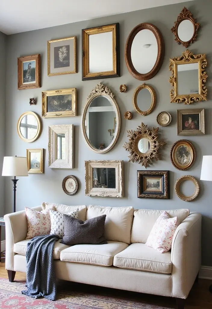 29 Wall Mirror Ideas Living Room Decor That Brighten Any Space - 4. Eclectic Gallery Wall