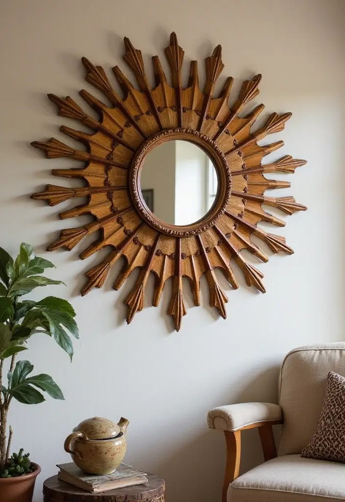 29 Wall Mirror Ideas Living Room Decor That Brighten Any Space - 5. Vintage Sunburst Mirrors