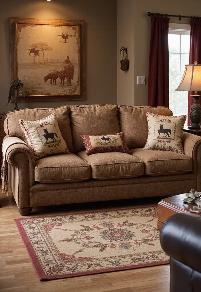 29 Western Living Room Ideas That Bring Rustic Cowboy Charm - 12. Western Themed Textiles