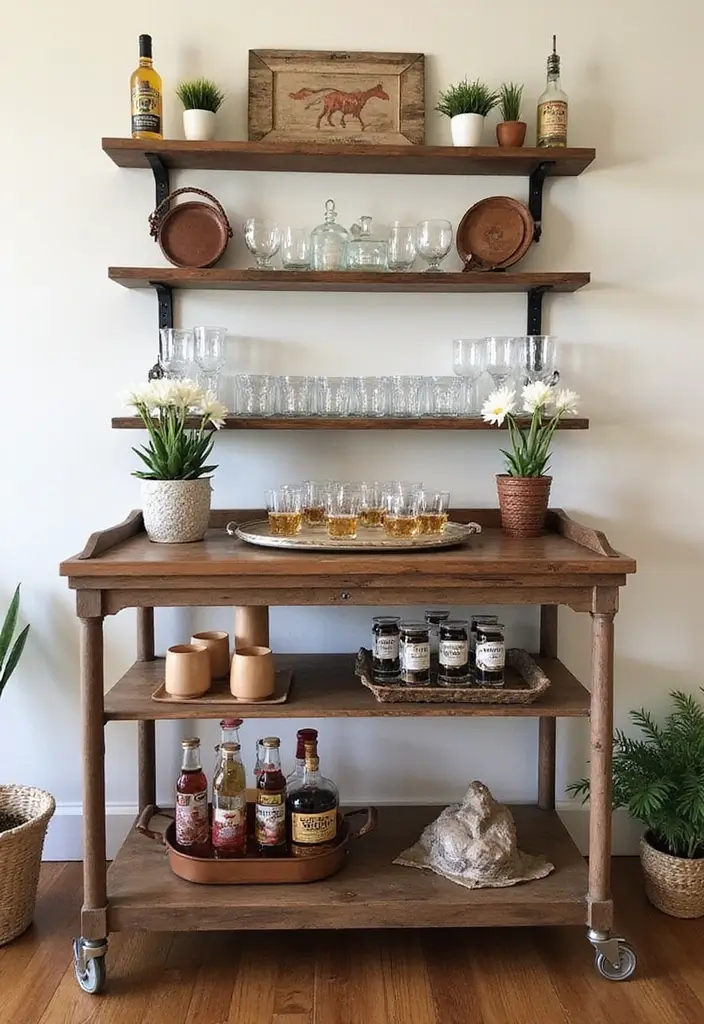 29 Western Living Room Ideas That Bring Rustic Cowboy Charm - 22. Create a Western-Inspired Bar Cart