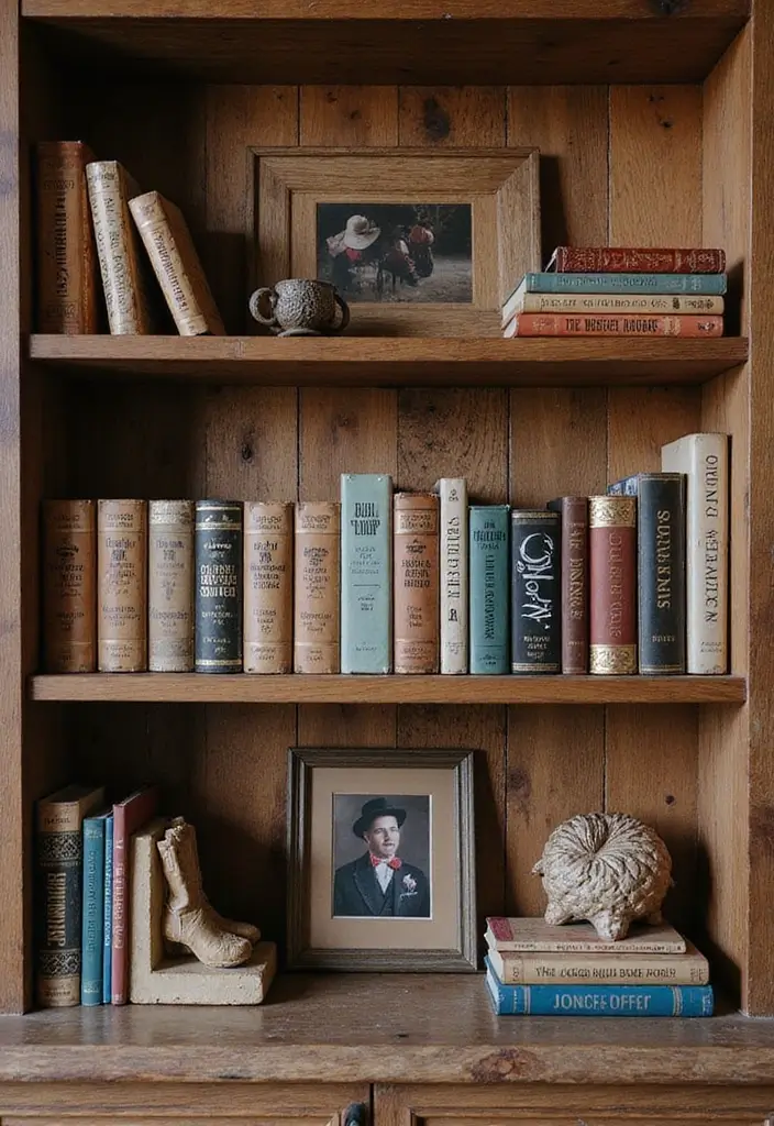 29 Western Living Room Ideas That Bring Rustic Cowboy Charm - 25. Create a Western-Themed Bookshelf