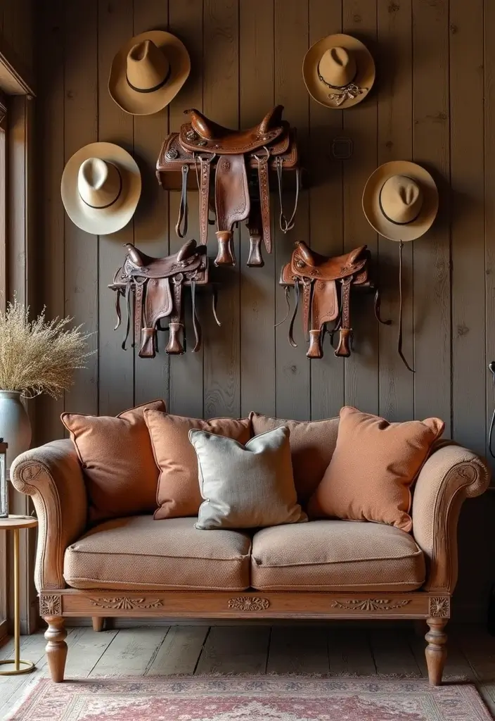 29 Western Living Room Ideas That Bring Rustic Cowboy Charm - 27. Incorporate Cowboy Memorabilia