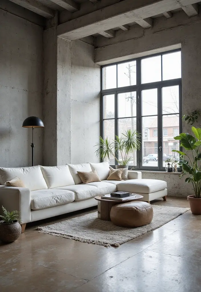 29 White Sofa Living Room Ideas That Feel Bright and Airy - 10. Industrial Chic