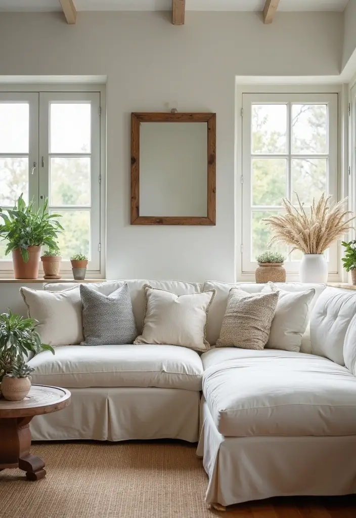 29 White Sofa Living Room Ideas That Feel Bright and Airy - 14. Farmhouse Fresh