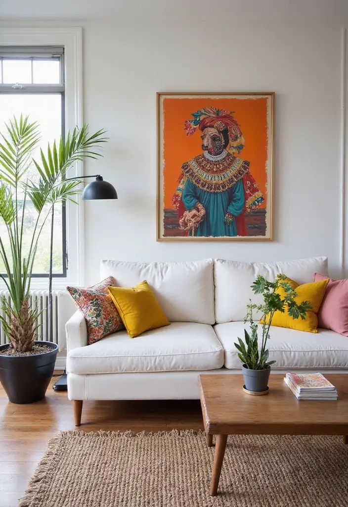 29 White Sofa Living Room Ideas That Feel Bright and Airy - 15. Artistic Flair