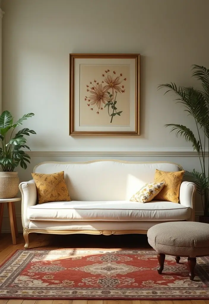 29 White Sofa Living Room Ideas That Feel Bright and Airy - 17. Vintage Charm