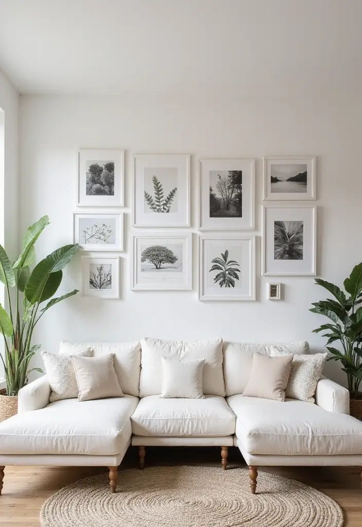 29 White Sofa Living Room Ideas That Feel Bright and Airy - 25. Gallery Wall