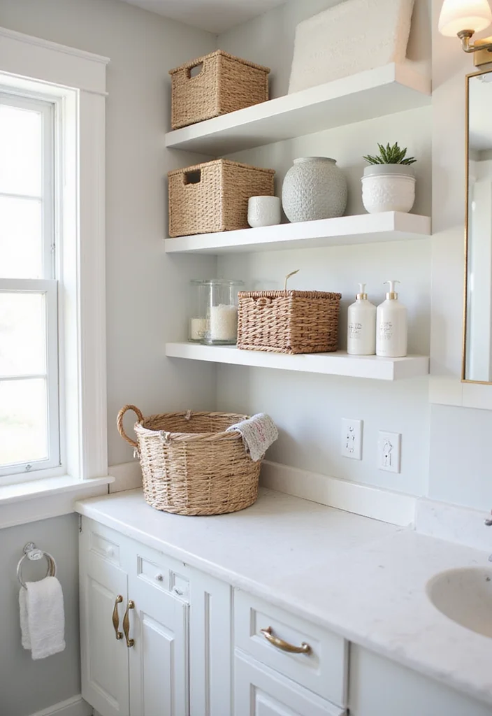 14 Bathroom Medicine Cabinet Ideas With Smart Storage - 3. Floating Shelves with Baskets
