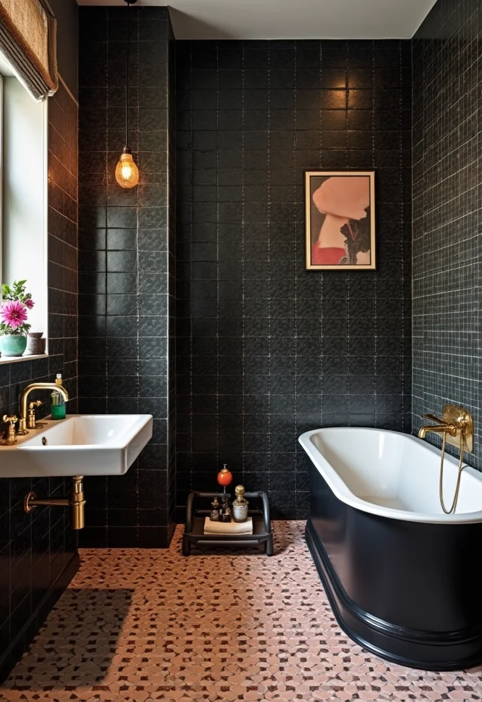 14 Black Tile Bathroom Floor Ideas With Bold Style - 10. Vintage-Inspired Black Tiles