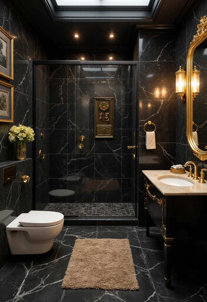 14 Black Tile Bathroom Floor Ideas With Bold Style - 12. Black and Gold Accents