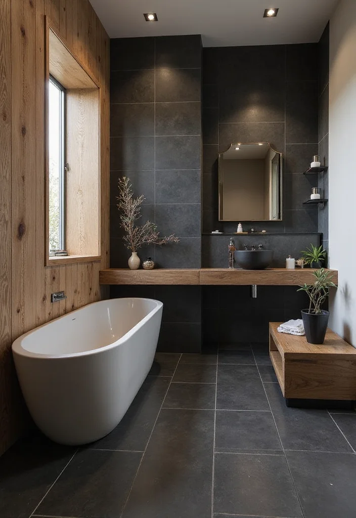 14 Black Tile Bathroom Floor Ideas With Bold Style - 13. Integrating Wood and Black Tiles