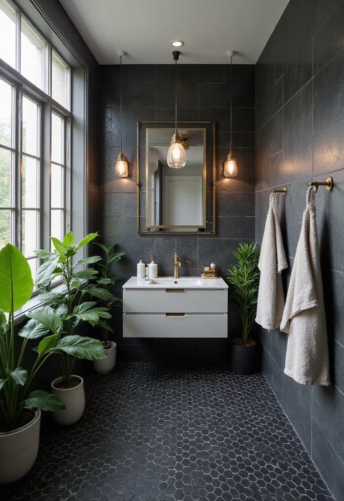 14 Black Tile Bathroom Floor Ideas With Bold Style - 2. Bold Hexagonal Patterns
