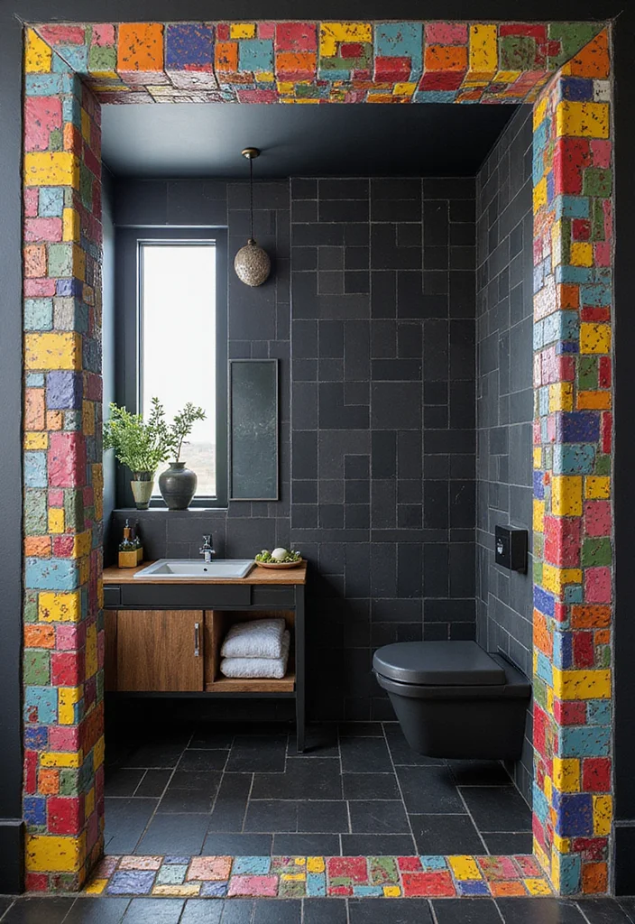 14 Black Tile Bathroom Floor Ideas With Bold Style - 5. Mosaic Borders for Added Flair