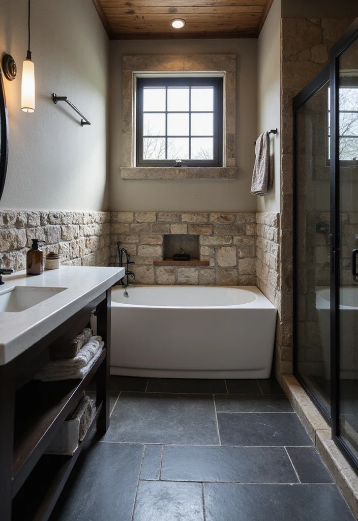 14 Black Tile Bathroom Floor Ideas With Bold Style - 8. Black Tiles with Natural Stone Accents