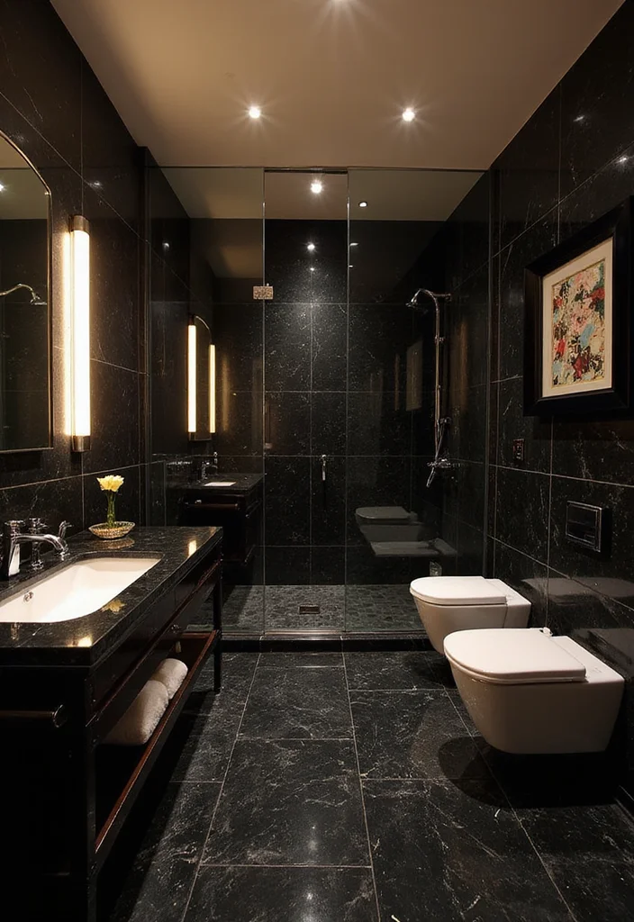 14 Black Tile Bathroom Floor Ideas With Bold Style - 9. Dark Glam with Glossy Finishes