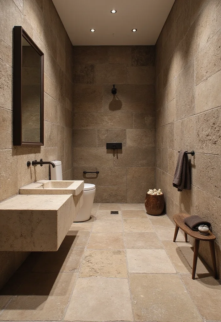 14 Brown Tile Bathroom Ideas With Warm Tones - 12. Natural Stone and Brown Tile Combination
