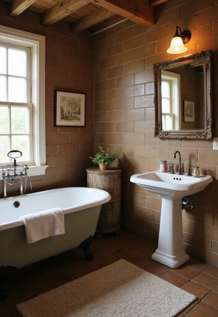 14 Brown Tile Bathroom Ideas With Warm Tones - 13. Rustic Farmhouse Details with Brown Tiles