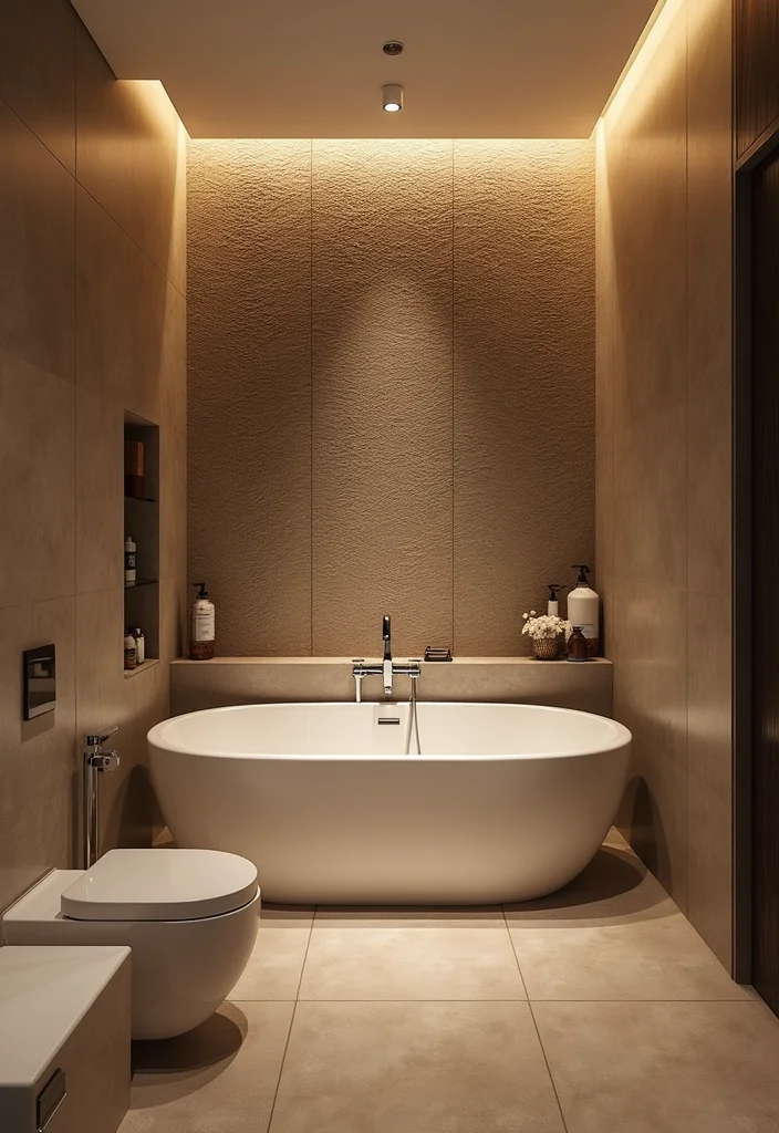 14 Brown Tile Bathroom Ideas With Warm Tones - 5. Statement Wall with Textured Brown Tiles