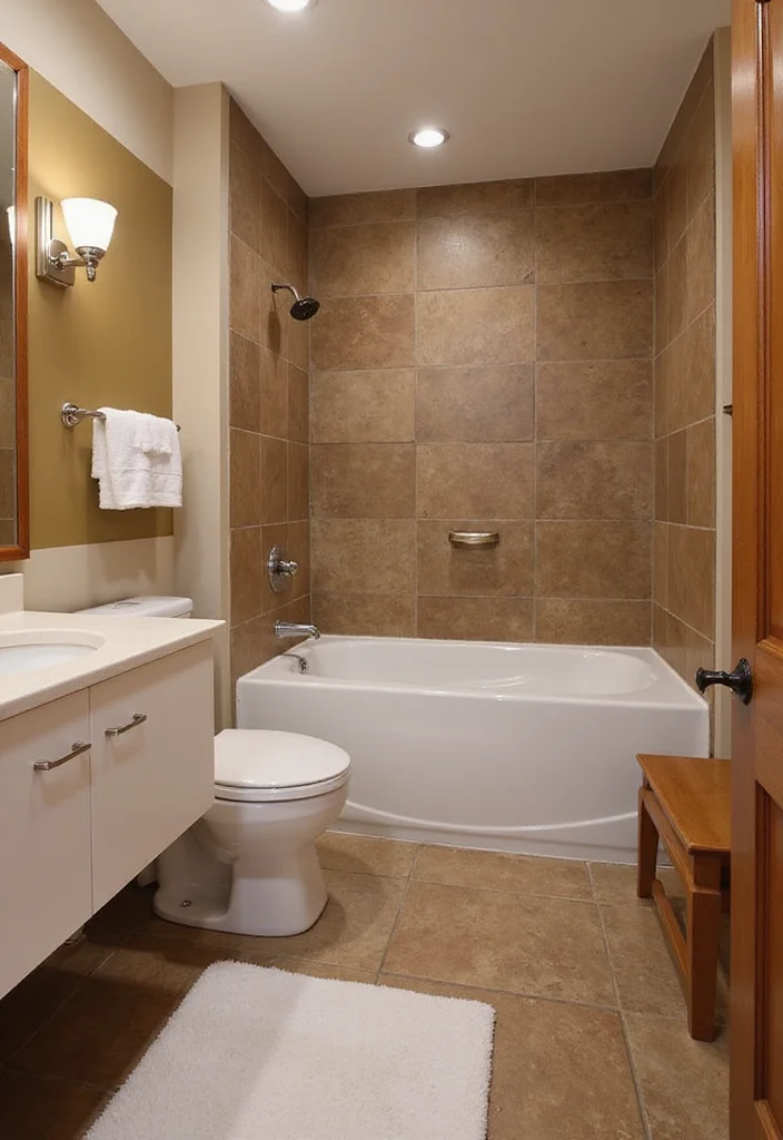 14 Brown Tile Bathroom Ideas With Warm Tones - 6. Brown Tile and White Fixtures Combo