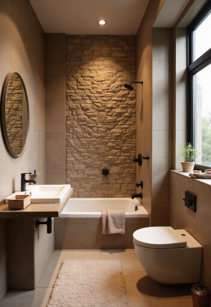 14 Brown Tile Bathroom Ideas With Warm Tones - 7. Layered Textures with Brown Tiles