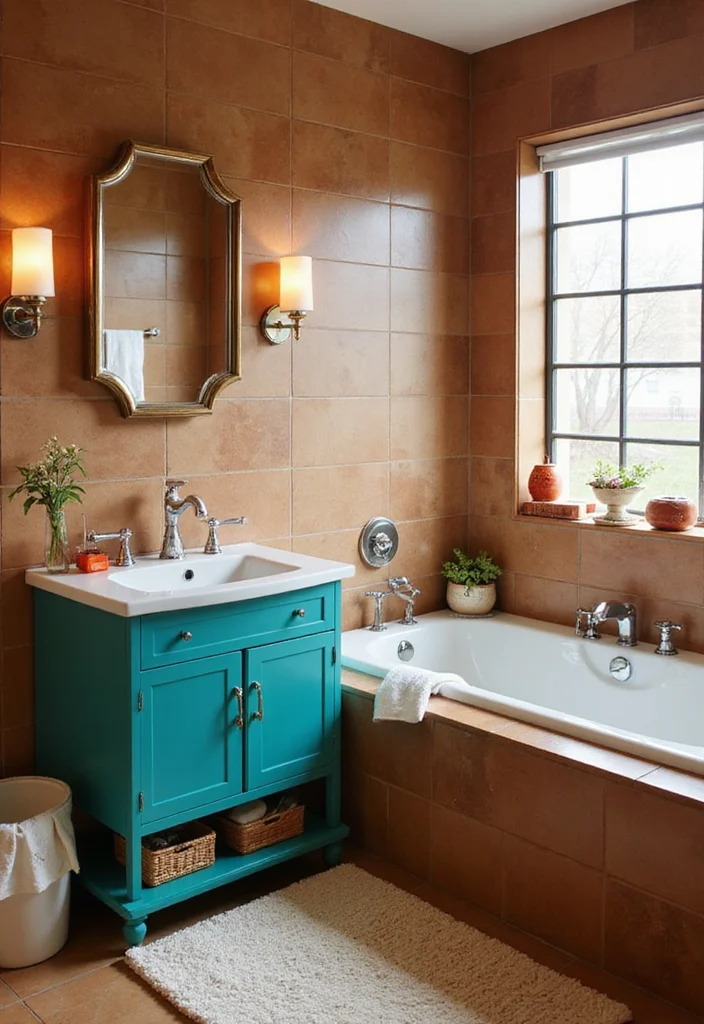 14 Brown Tile Bathroom Ideas With Warm Tones - 9. Earthy Brown Tiles with Bold Accents
