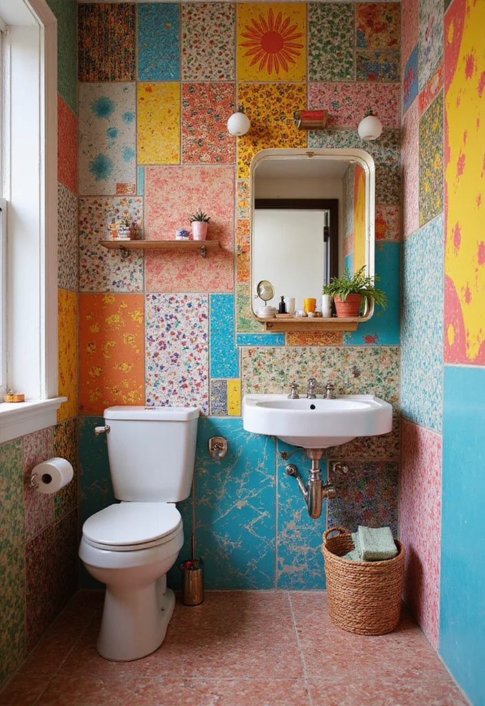 14 Colourful Bathroom Ideas With Vibrant Energy - 11. Eclectic Wall Patterns