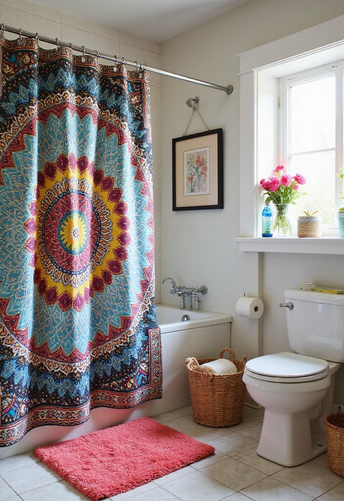 14 Colourful Bathroom Ideas With Vibrant Energy - 3. Colorful Shower Curtains