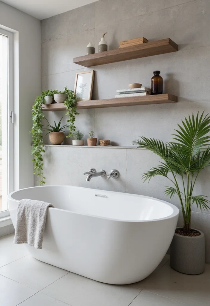 14 Concrete Tile Bathroom Ideas With Industrial Vibe - 13. Floating Concrete Shelves