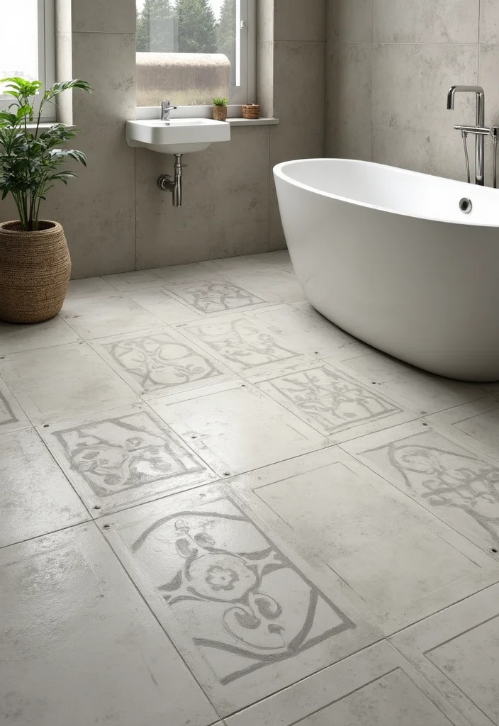 14 Concrete Tile Bathroom Ideas With Industrial Vibe - 2. Stenciled Concrete Tiles