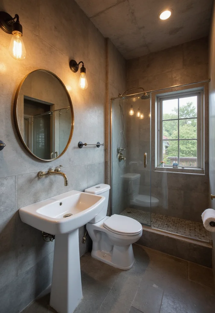 14 Concrete Tile Bathroom Ideas With Industrial Vibe - 5. Industrial Lighting Fixtures