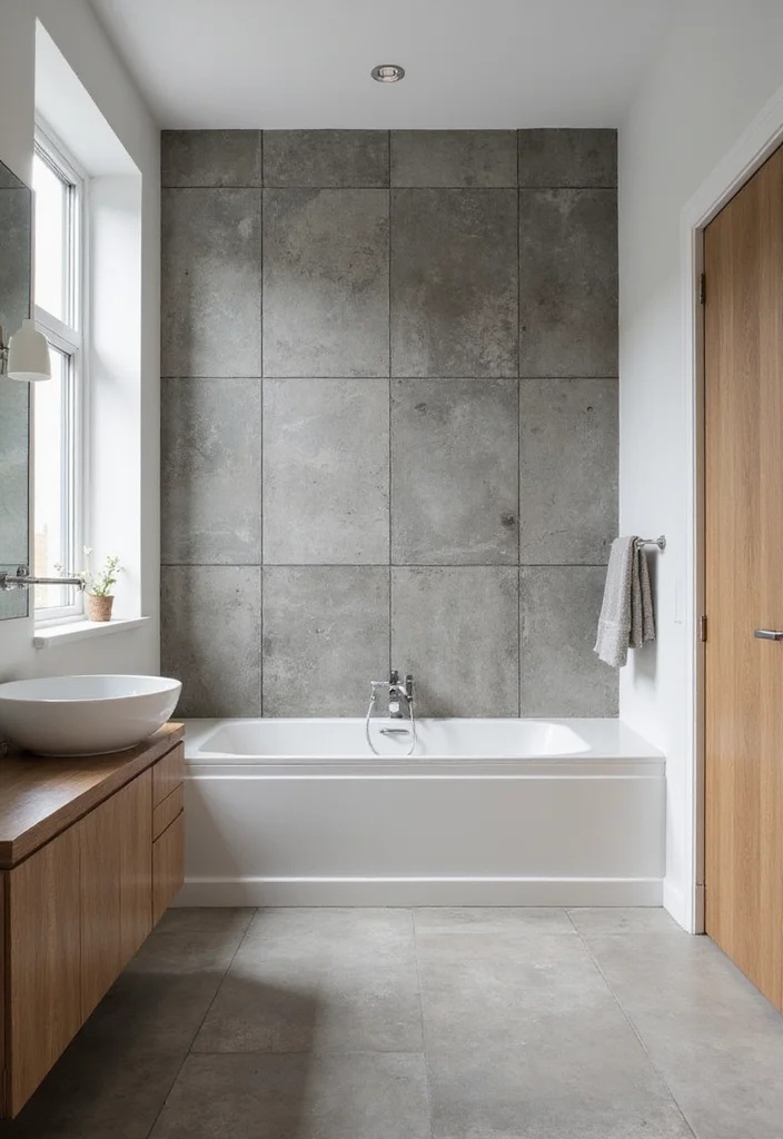 14 Concrete Tile Bathroom Ideas With Industrial Vibe - 6. Concrete Tile Accent Walls
