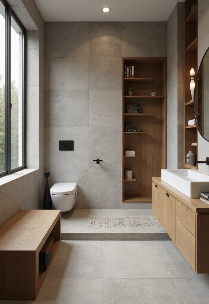 14 Concrete Tile Bathroom Ideas With Industrial Vibe - 9. Concrete and Wood Combinations